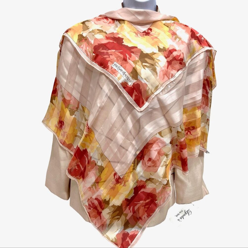Yves Saint Laurent Scarf Chiffon/Satin Lg 34" 100% Silk light pink Floral (31 - Picture 3 of 13